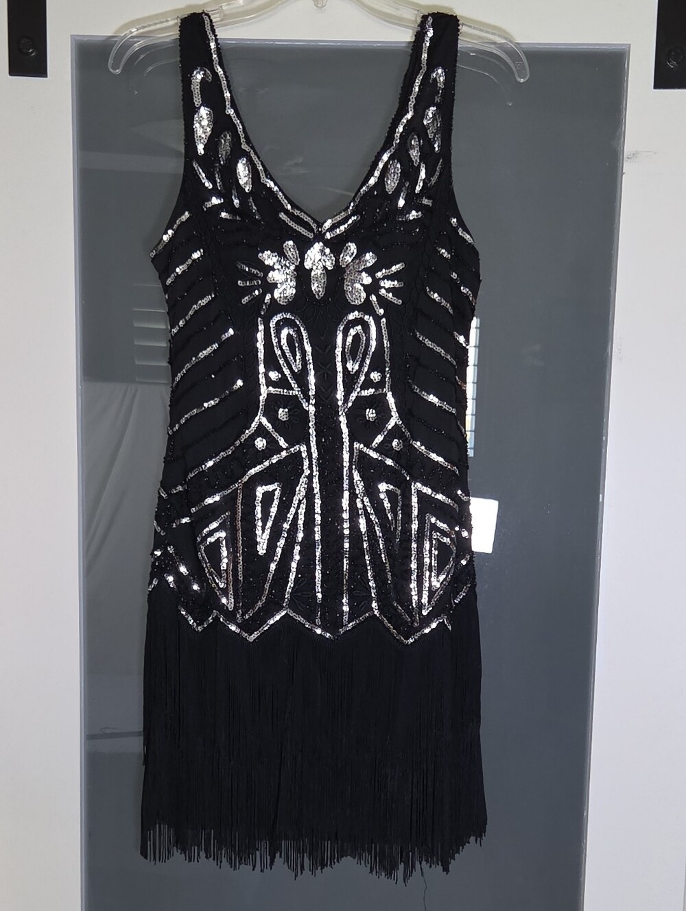 Babeyond Women's Black Silver Sequin Fringe 20s Flapper Style Dress L Party